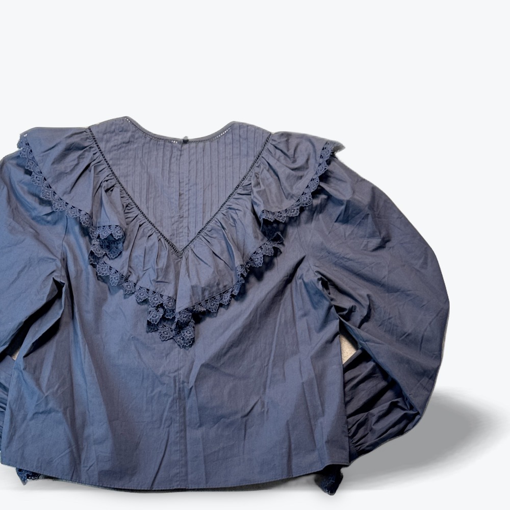 Marie Oliver Ruffle Blouse Blue Carissa Top Ruffle Lace Pintuck Blouse Small NEW - Picture 2 of 8
